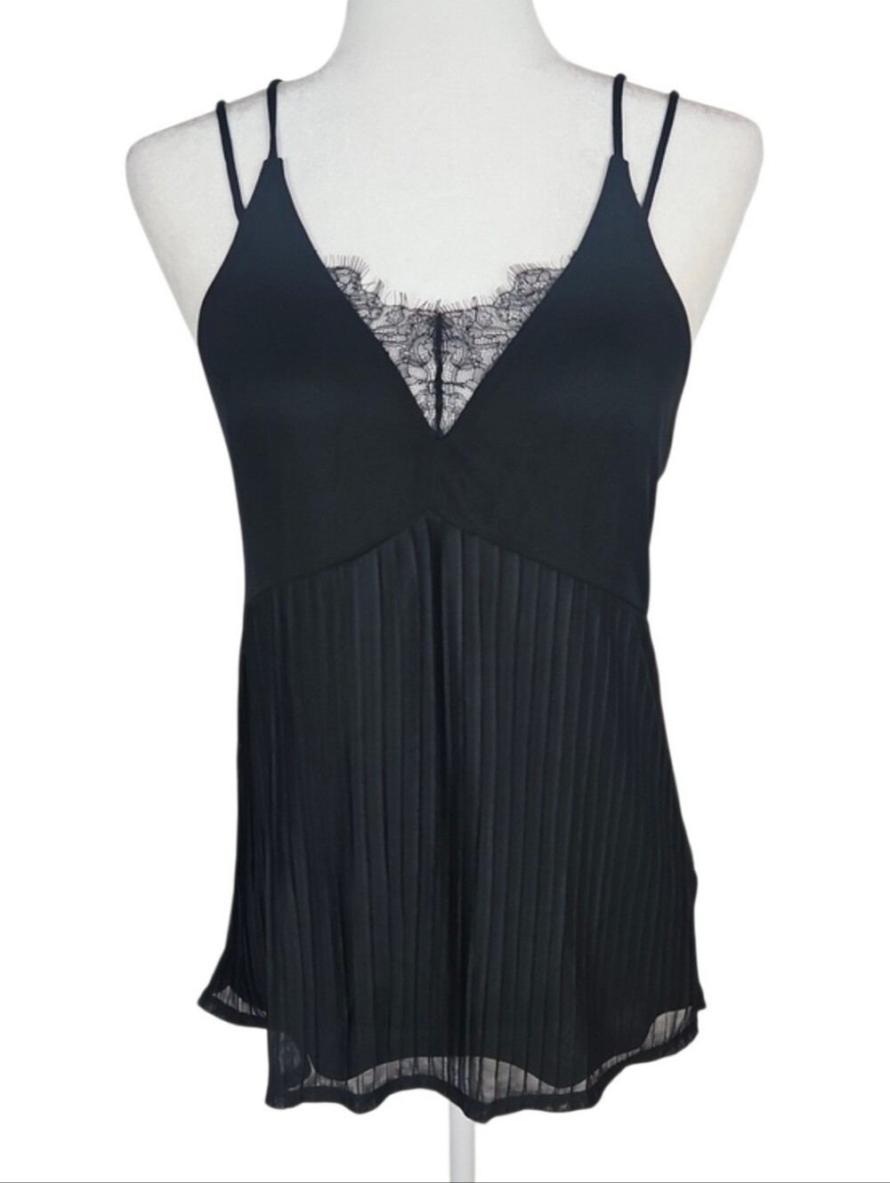 NWT Express Black Pleated Lace-Trim Camisole Top Dark Romance Whimsigoth Chic